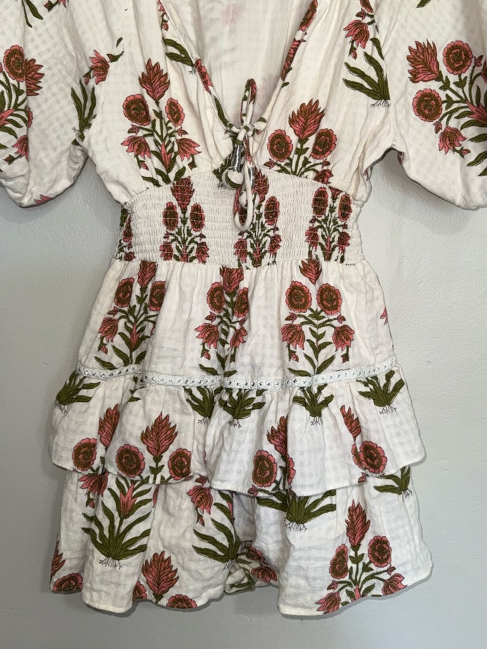 SAYLOR White Dress with Subtle Pink and Olive Floral Accents - Picture 9 of 16